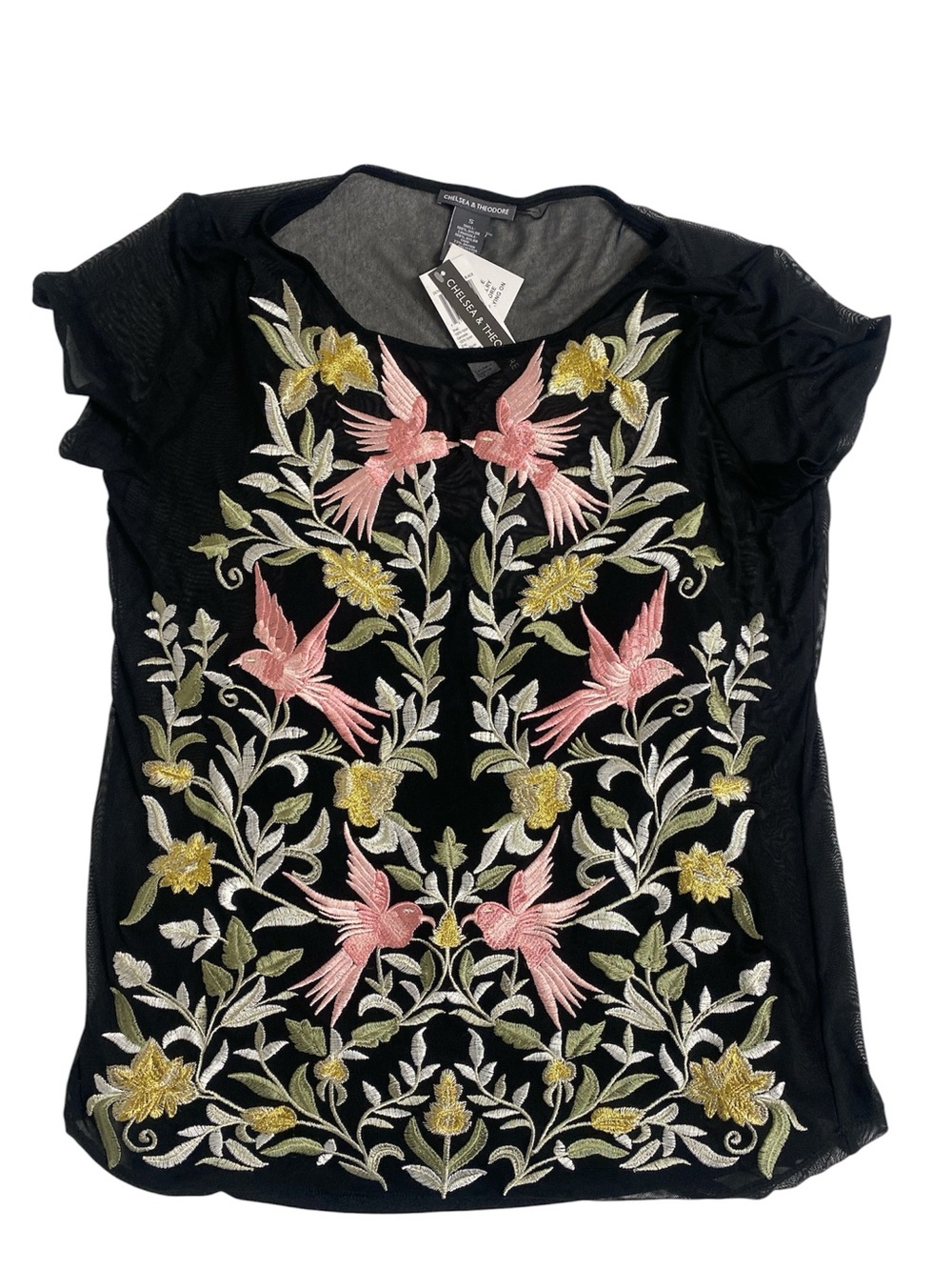 Chelsea & Theodore Black Embroidered Bird & Floral Sheer Top w Camisole